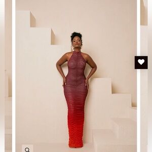 OFUURE Elegant Ruched Maxi Dress - Burgundy and Red